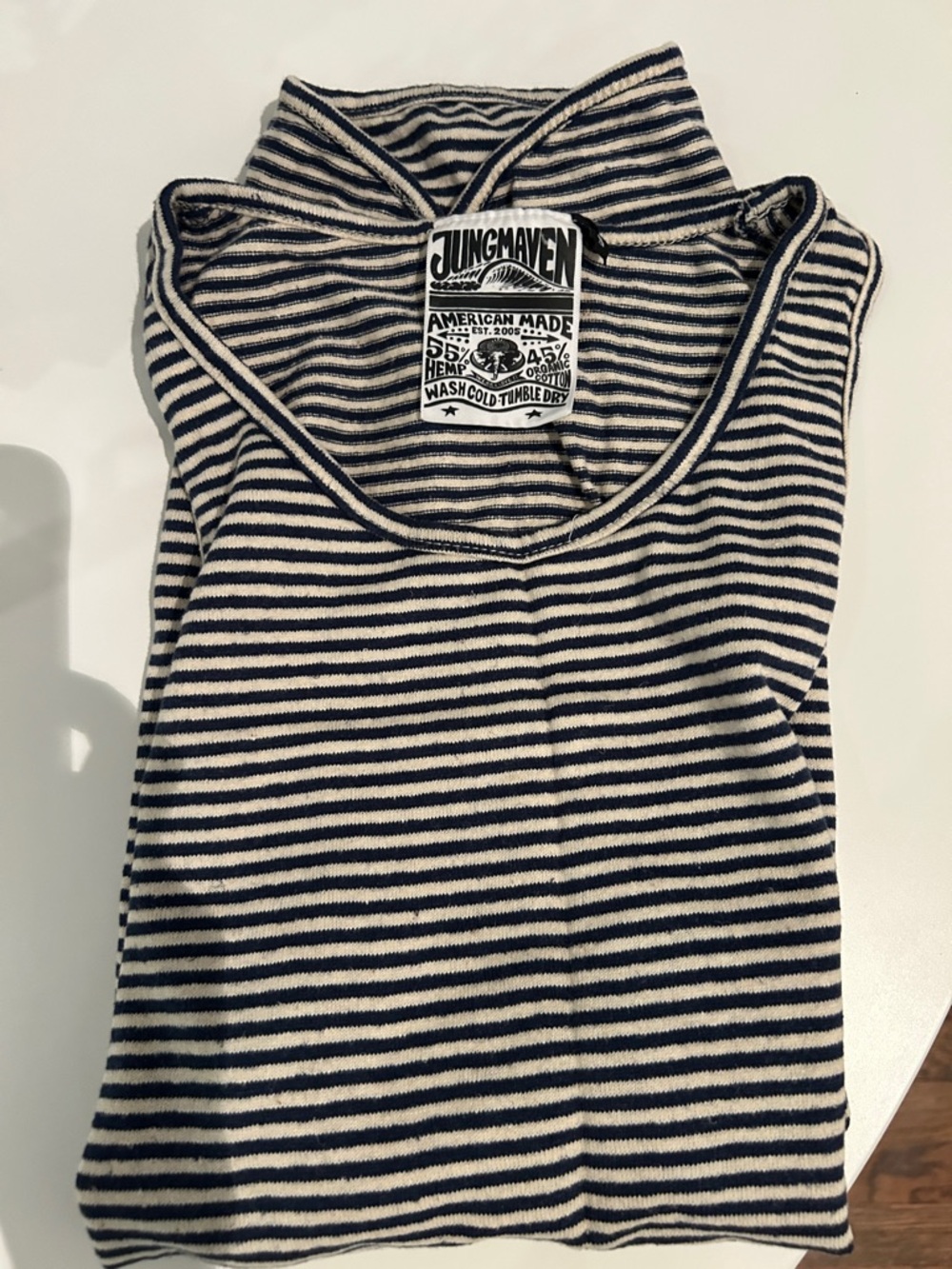 NWOT Jungmaven Navy & Cream Striped sleeveless top size S. Hemp/organic cotton.